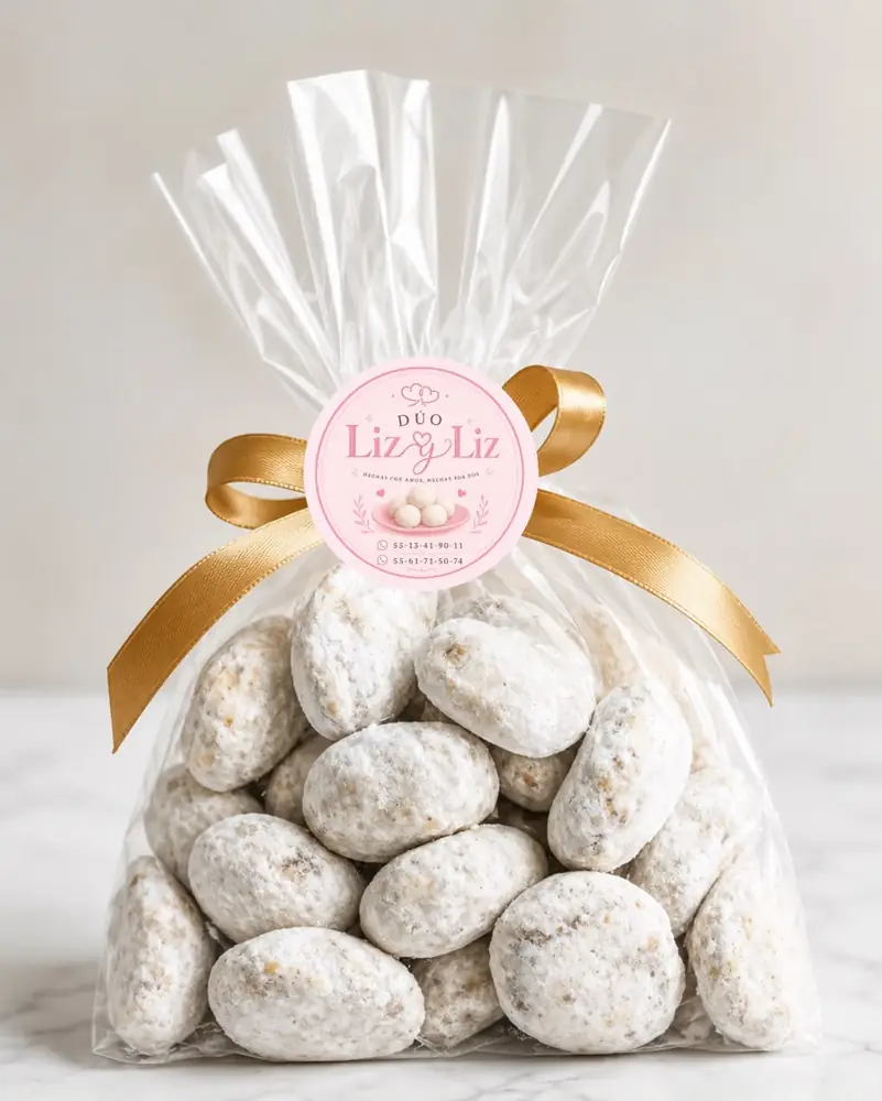 Bolsa de besos de nuez con listón dorado y sello DÚO Liz y Liz